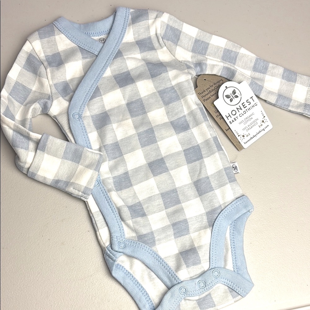 Honest Organic Cotton Soft Checkered Bodysuit Onesie with Fold-Over Mitten Cuffs